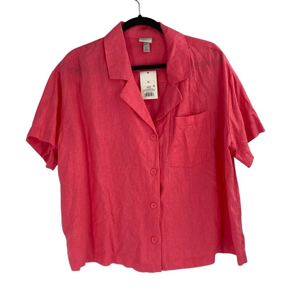 A New Day Linen Blend Coral Button Short Sleeve Blouse XL NEW